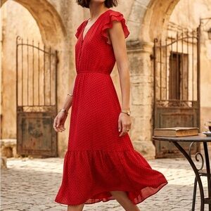 Banana Republic Factory Red Polka Dot Flutter Sleeve Midi Dress (Size 4)